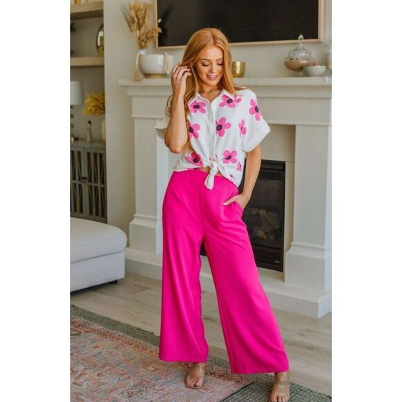 NWT Jodifl Blouse Top Daisy Floral Button Down Pink White Size M - Picture 5 of 9